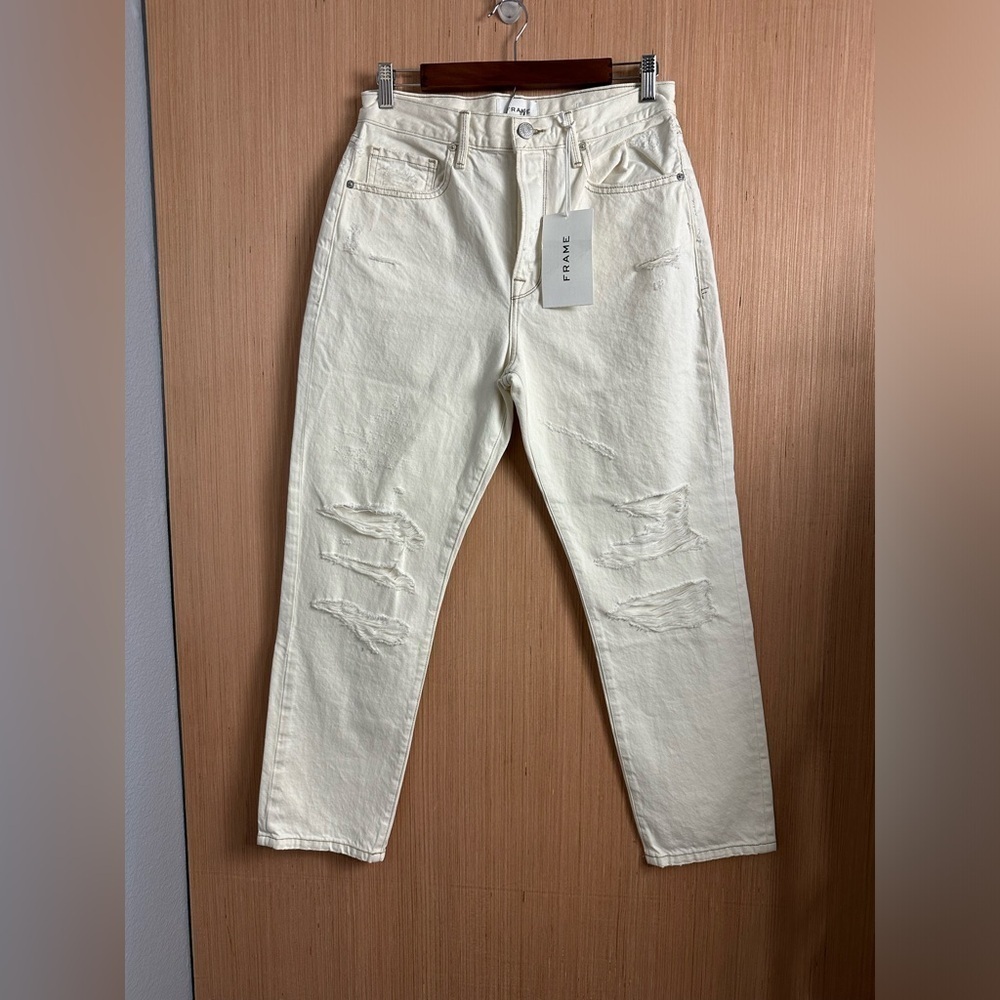 FRAME Le Original Cream Distressed Jeans, Size 28 (v)